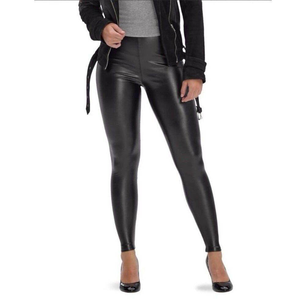 NEW HUE Women Plus Size Faux Leather High Rise Leggings Black 2X Biker Punk Rock